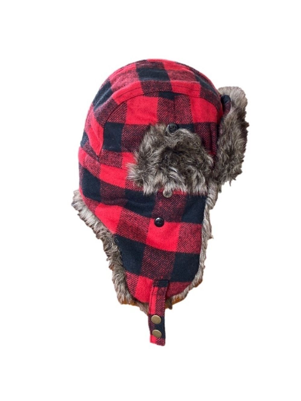 Swiss Tech Trapper Hat Buffalo Plaid Faux Fur Quilted Lining Unisex OS